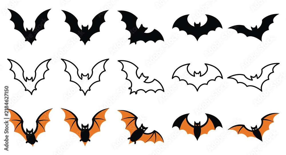 Fototapeta premium Collection of bat silhouettes in varying styles against a white background silhouette
