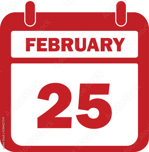 February 25 calendar icon vector, red daily date page for schedule planning, flat month of February organizer element