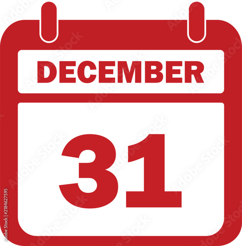 December 31 calendar icon vector, red New Year's Eve date reminder, flat holiday schedule planner for winter events