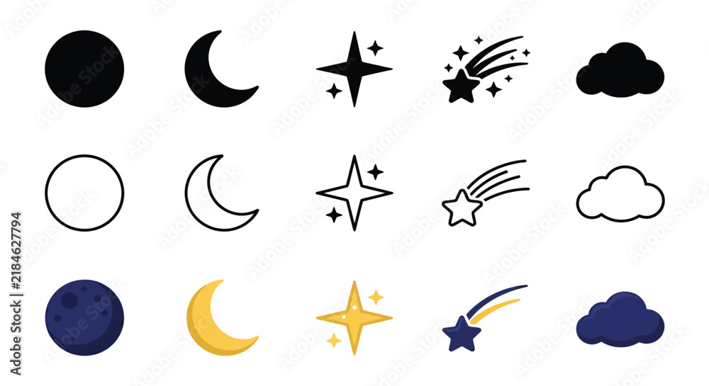 Fototapeta premium Celestial bodies and weather icons in a flat silhouette style