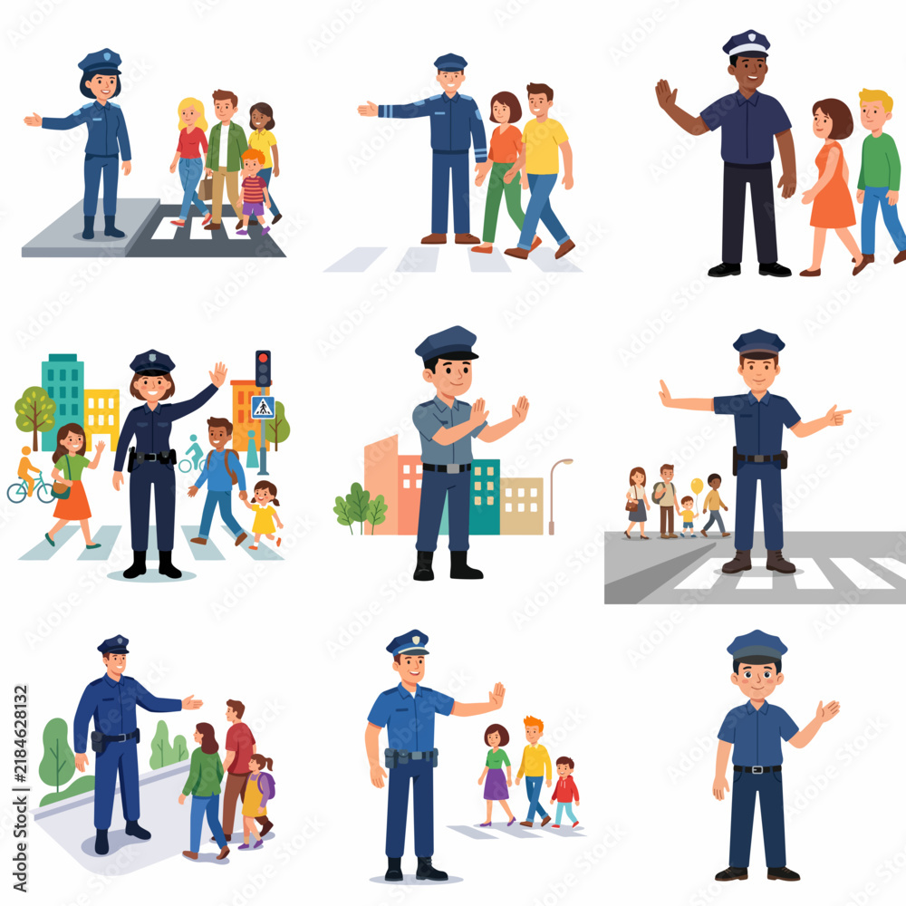 Fototapeta premium Set of cartoon police officers helping children and families cross the road safely at pedestrian crossings, road safety and community service vector illustrations
