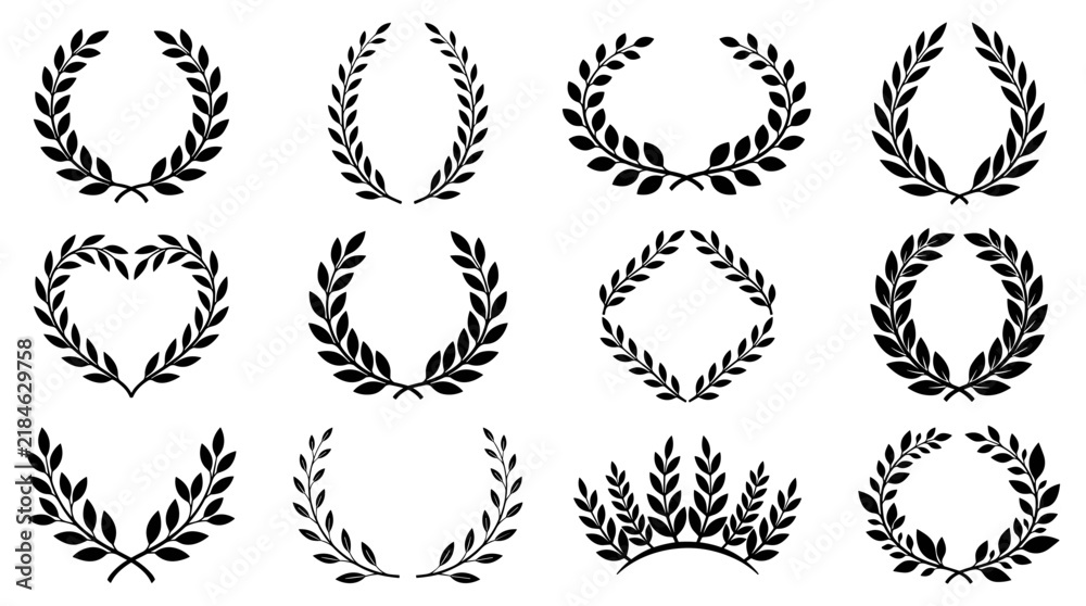Fototapeta premium Set of black laurel wreaths, collection of foliage branches for heraldry, award emblems, celebration borders, victory symbols, isolated vector