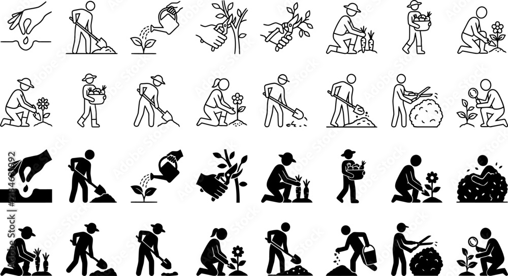 Obraz premium Gardening people collection displays various farming activities and human silhouette icons.
