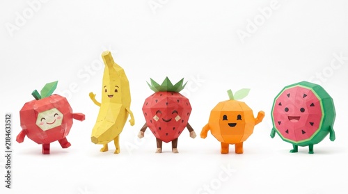 Row of cute 3D low poly papercraft fruit mascot figures including apple, banana, strawberry, orange, and watermelon isolated on white background.