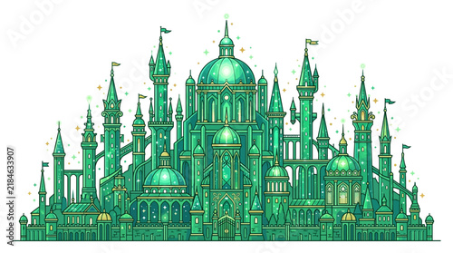 A magical emerald green fairytale castle with tall spires and domes isolated on white background.