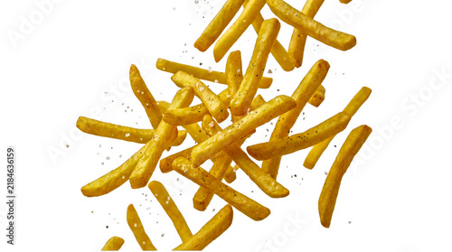 Canvastavla Fresh crispy french fries falling down in the air isolated on transparent backgr
