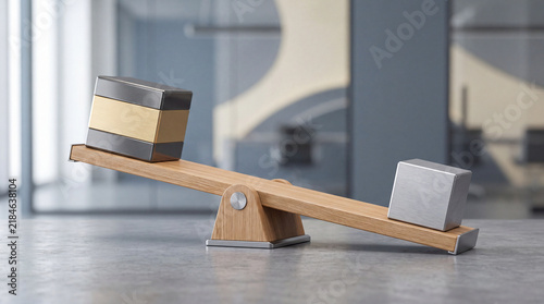 Unevenly balanced seesaw with dissimilar weight objects, office interior with glass walls background, symbolizing imbalance, comparison, or decision making