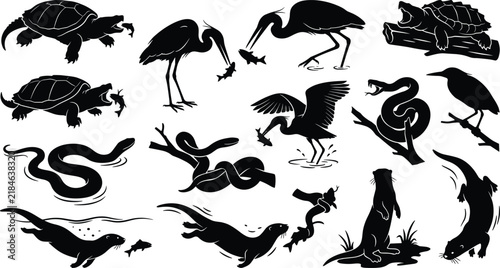 Black silhouette set of wetland animals featuring otters, turtles, herons, and snakes in natural habitats
