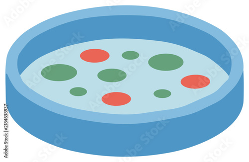 Isometric Petri dish illustration with red and green bacterial cultures for laboratory science and medical research.