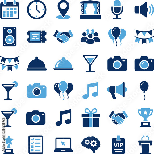 Set of blue event and party icons for business