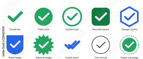 Checkmark Icon Set, Tick Approved Verified Symbols, Green Blue Circle Badge Icons for Confirmation Vector Design