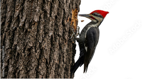 Fotografía Pileated woodpecker bird climbing on a rough tree bark trunk isolated on transpa