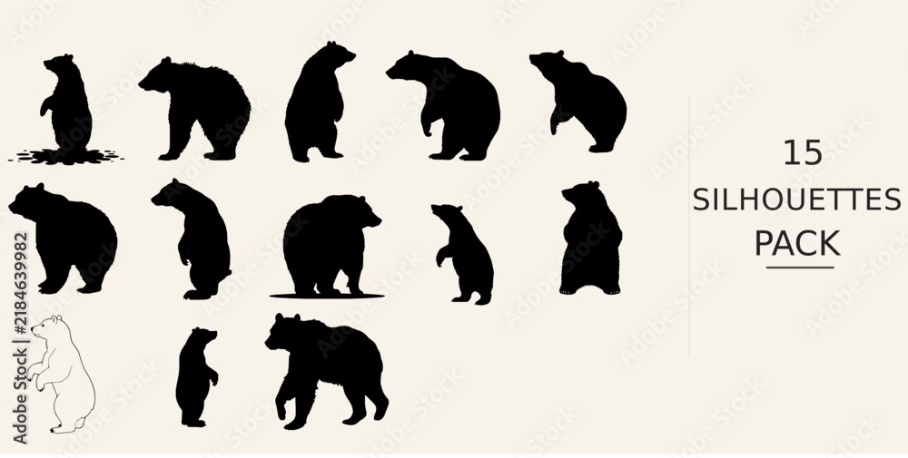 Obraz premium Bear Standing On Hind Legs Silhouette - Delicate Form Smooth Silhouette Outline Black Vector Clipart on White Background