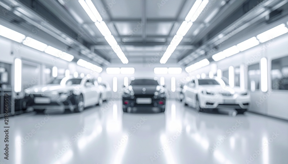 Obraz premium Blurred automotive manufacturing plant interior with cars on an assembly line under bright fluorescent lights and glossy reflections