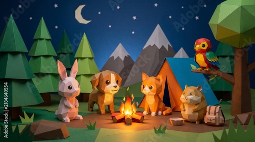 Cozy night scene of low poly papercraft pets gathered around a warm glowing paper campfire near a tent, pine trees, and mountains under a starry night sky. Perfect for outdoor and camping concepts.