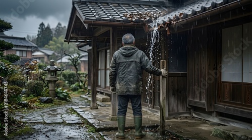 Fototapeta 雨の日に雨樋から溢れる水を見つめるシニア男性