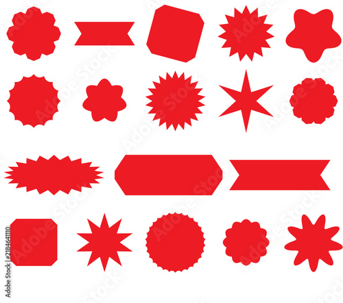 Red Star Burst Shapes Set, Ribbon Banner and Badge Icons, Sticker Label Elements for Sale Design Vector Collection