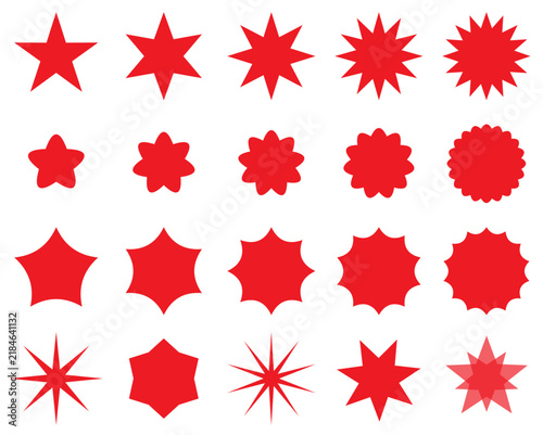 Red Star Shapes Collection, Sparkle and Burst Icons Set, Geometric Star Symbols for Decoration and Design Vector