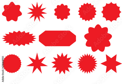 Red Star Burst Shapes Set, Sale Badges and Sticker Icons, Sunburst Explosion Labels for Discount Price Tag Vector Design