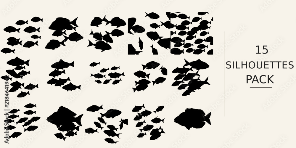 Fototapeta premium School Of Fish Swimming Silhouette - Flowing Form Sharp Edge Silhouette Black Vector Clipart on White Background