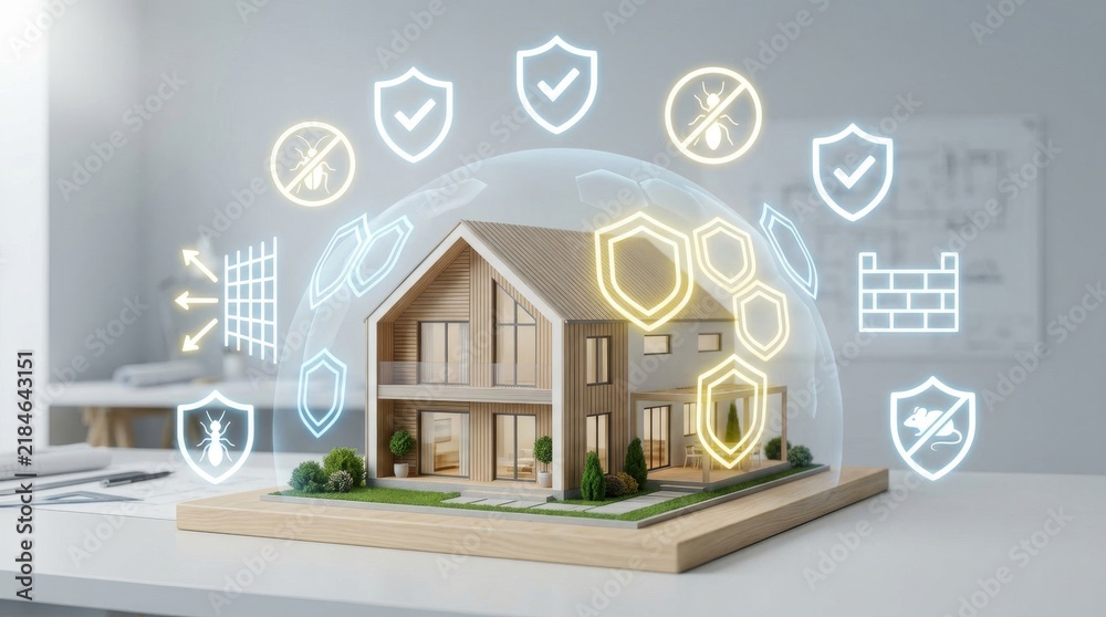 Obraz premium Smart Home Security Protection Concept with Digital Shield and Icons.