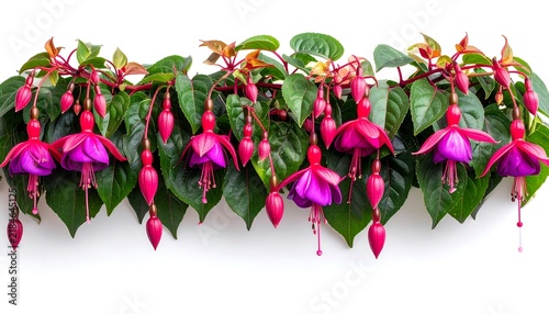 Vibrant Fuchsia Flowers with Pink and Purple Petals Hanging from Green Leaves Isolated on a White Background for Botanical and Floral Design Concepts.