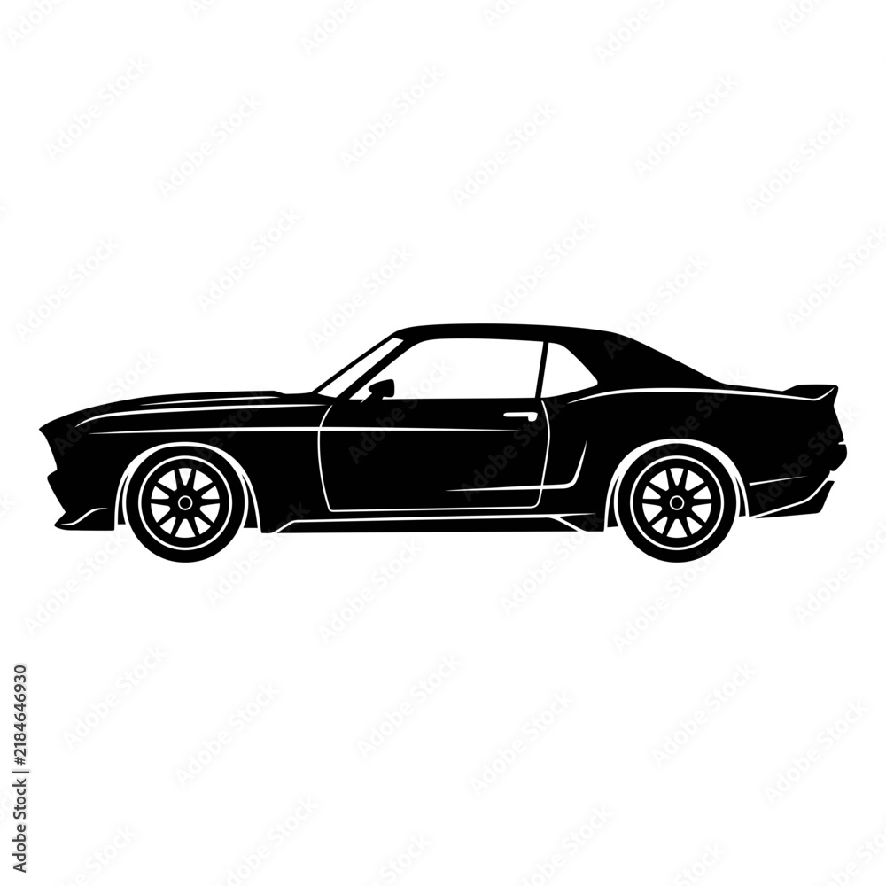 Naklejka premium Classic convertible car silhouette in black and white line art style with car side profile roadster