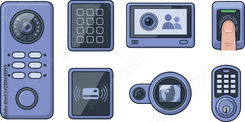 Smart Video Intercom and Electronic Door Lock Access Control Vector Icon Set with Biometric Fingerprint Scanner Keypad and RFID Card Reader Devices