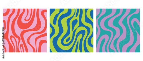 Set of Three Colorful Abstract Wavy Patterns in Vibrant Retro Style