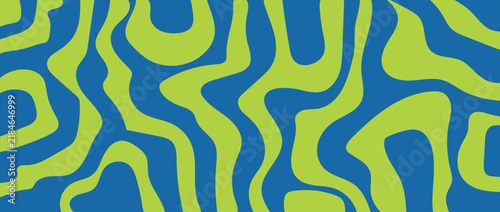 Blue and Lime Green Abstract Wavy Pattern with Organic Retro Shapes