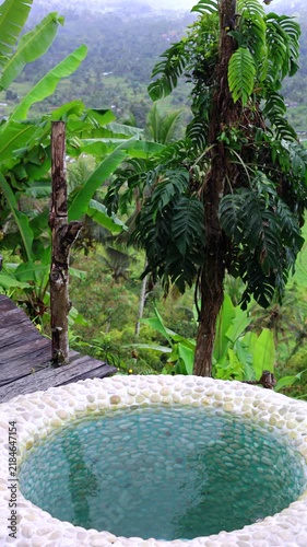 Tropical pool sits above dense green valley, its round stone edge framing calm blue water in resort style. Tropical pool is surrounded by banana leaves and tall trees, with peaceful mountain backdrop.