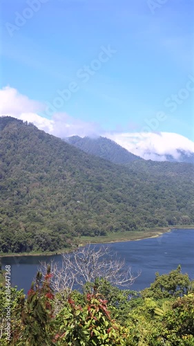 Mountain lake vista reveals wooded mountains, quiet shoreline, and blue water beneath wide sky with low clouds. Mountain lake vista remains tranquil, with layered hills and lush foreground plants.