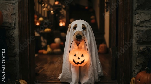 Cute dog dressed as a ghost holding a plastic pumpkin candy bucket for halloween with ghost costume trick or treat portrait