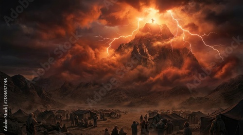 Divine covenant reveal: Moses receive, God word, Sinai mountain, Israel camp, sacred law, ten commandment, storm sky, desert expanse.