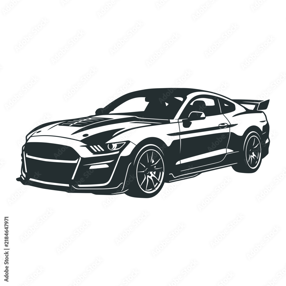 Naklejka premium Sporty two door coupe vehicle illustration in sleek black and white line art style with bold black