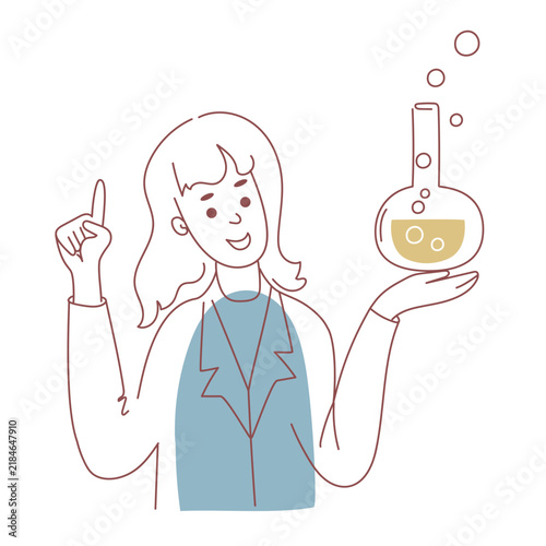Vector Woman scientist holding laboratory flask with bubbling liquid and pointing finger up. Female chemist presenting chemistry experiment. Science education and research concept in line art style.