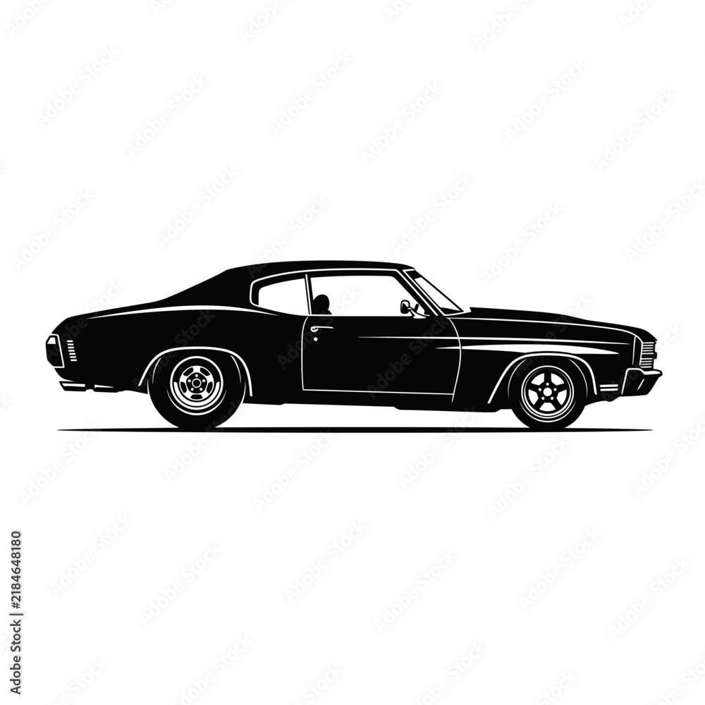 Naklejka premium Classic black coupe car silhouette in side view illustration style with profile detailed wheel tire