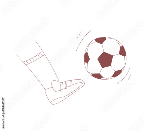 Leg of soccer player in boot kicking ball. Minimalist line art illustration of football kick action. Sport game and active lifestyle concept for poster and web design.