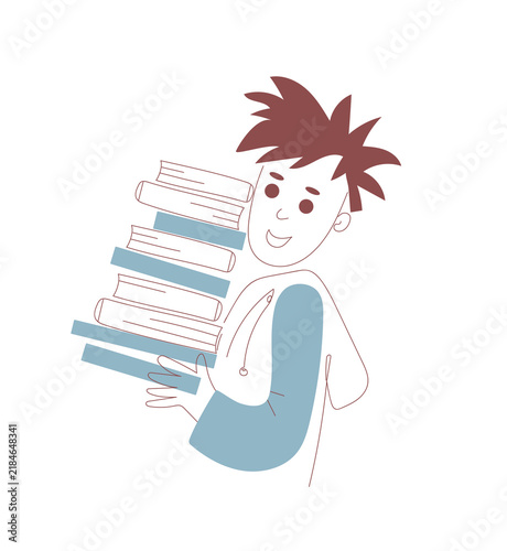 Happy boy carrying a stack of books. Smiling kid student holding pile of textbooks. Childhood reading and education concept. Flat cartoon illustration for school, library and study design.