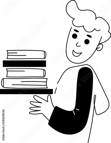 Happy boy carrying a stack of books. Smiling kid student holding pile of textbooks. Childhood reading and education concept. Flat cartoon illustration for school, library and study design.