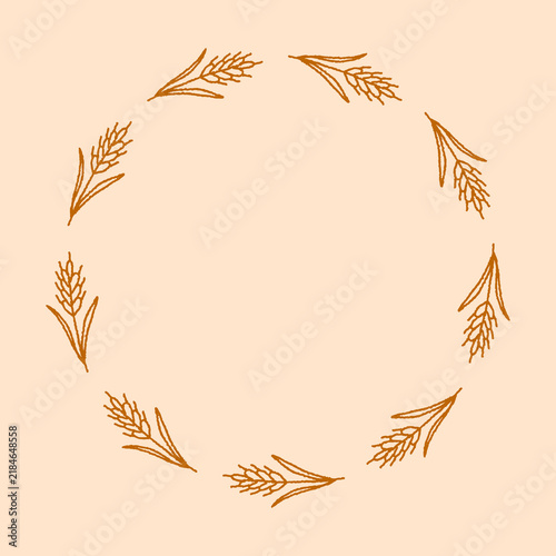 Wheat Spike Round Frame. Hand drawn circular border with ink sketch Grain Stalks wand blank centre for text. For thanksgiving invite, farmer market flyer, organic product tags.