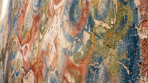 Ancient Fresco Texture, Aged Wall Art, Colorful Pigments, Abstract Pattern, Close-up Detail