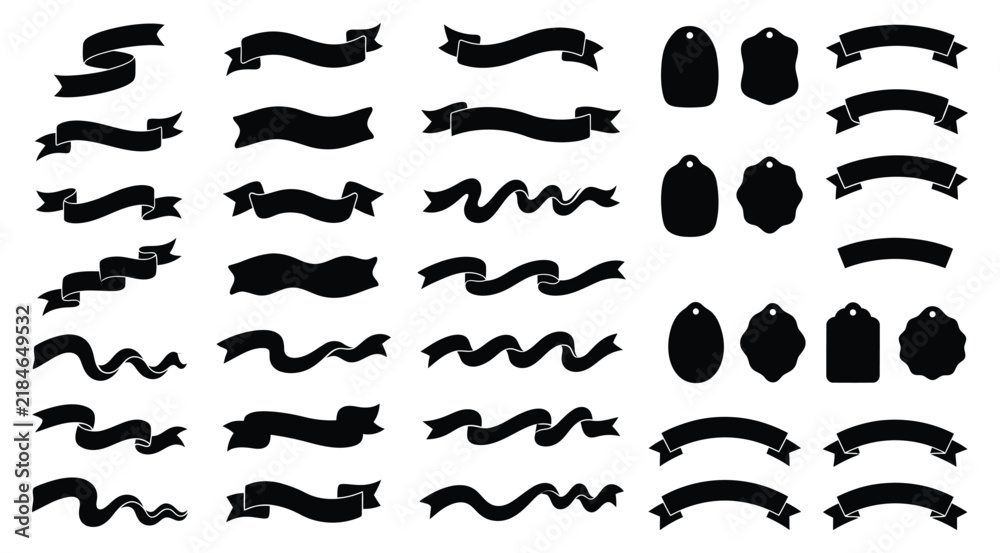 Fototapeta premium Set of black ribbon banners and blank decorative hang tags on a white background with background graphic design collection various black