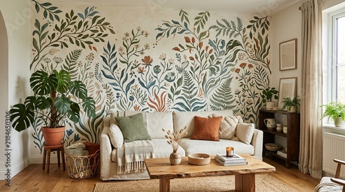 Cozy Living Room with Botanical Mural and Comfortable Sofa