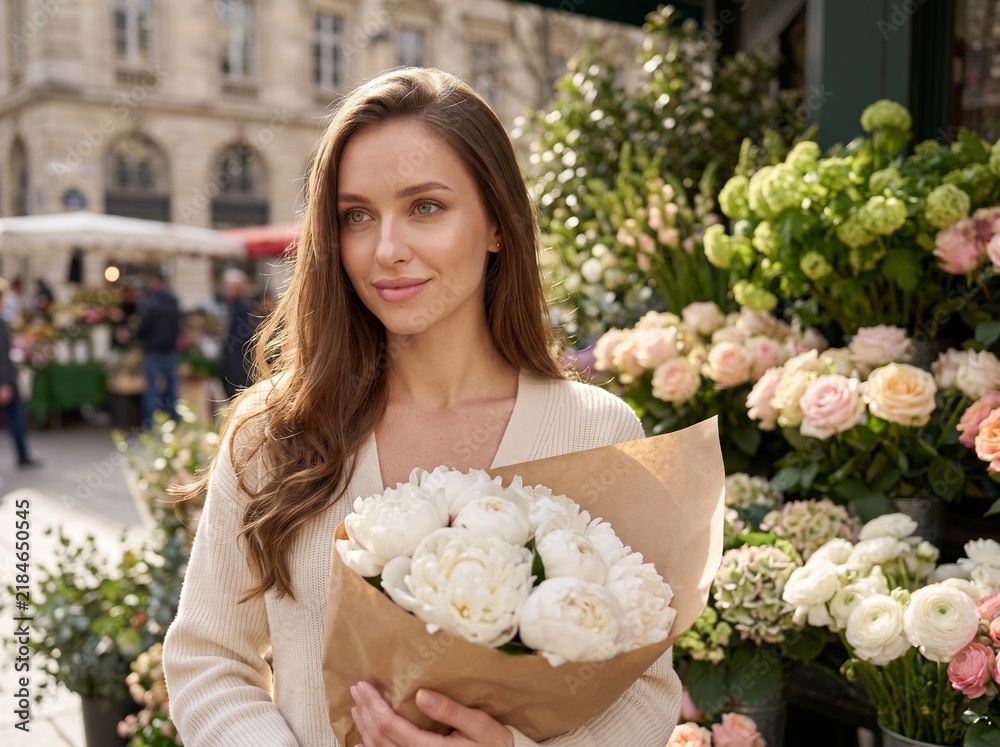 Fototapeta premium Elegant young woman holding bouquet of white peonies wrapped in craft paper near outdoor flower shop, Parisian spring street portrait.