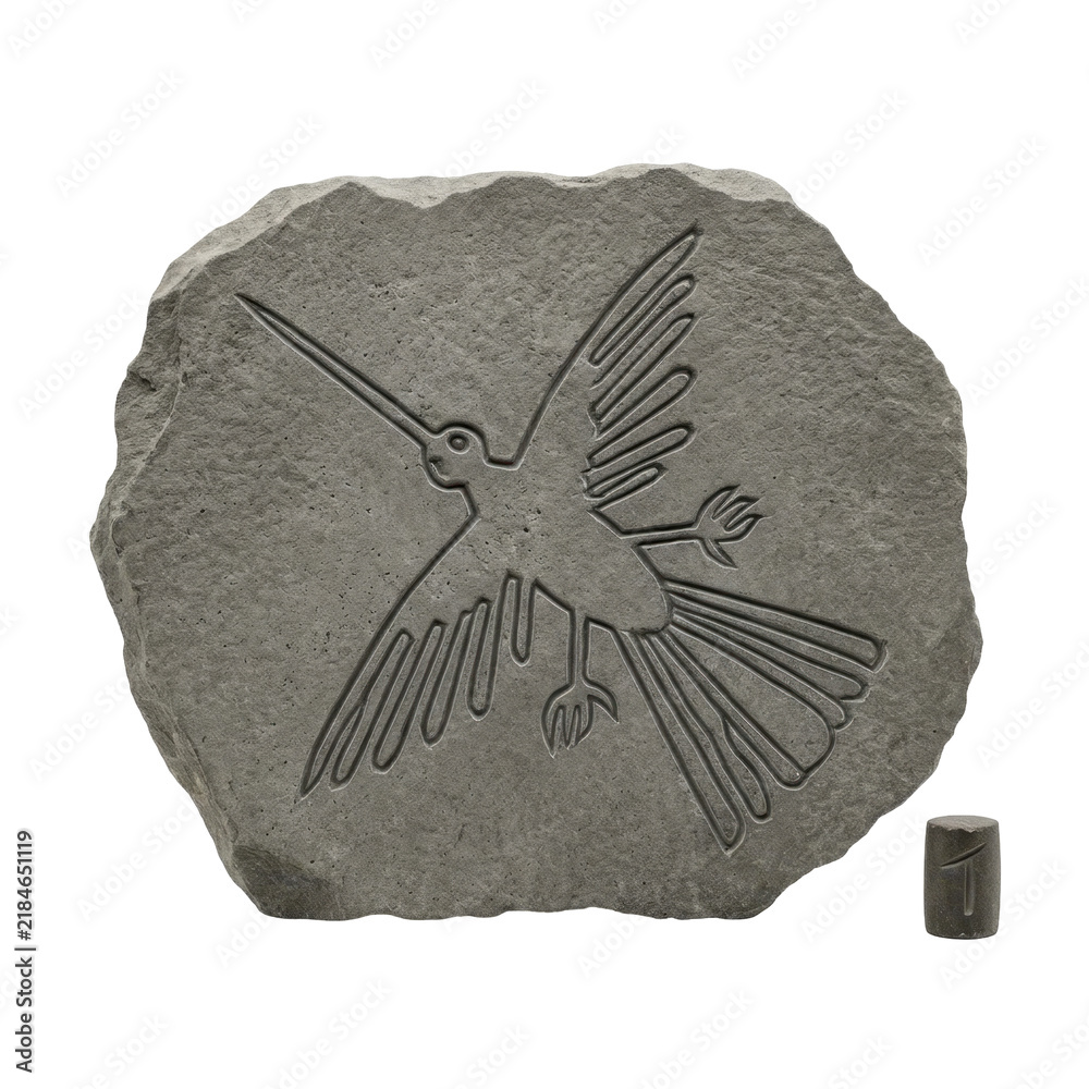 Fototapeta premium Stone plaque with carved hummingbird design, textured grey surface, isolated.