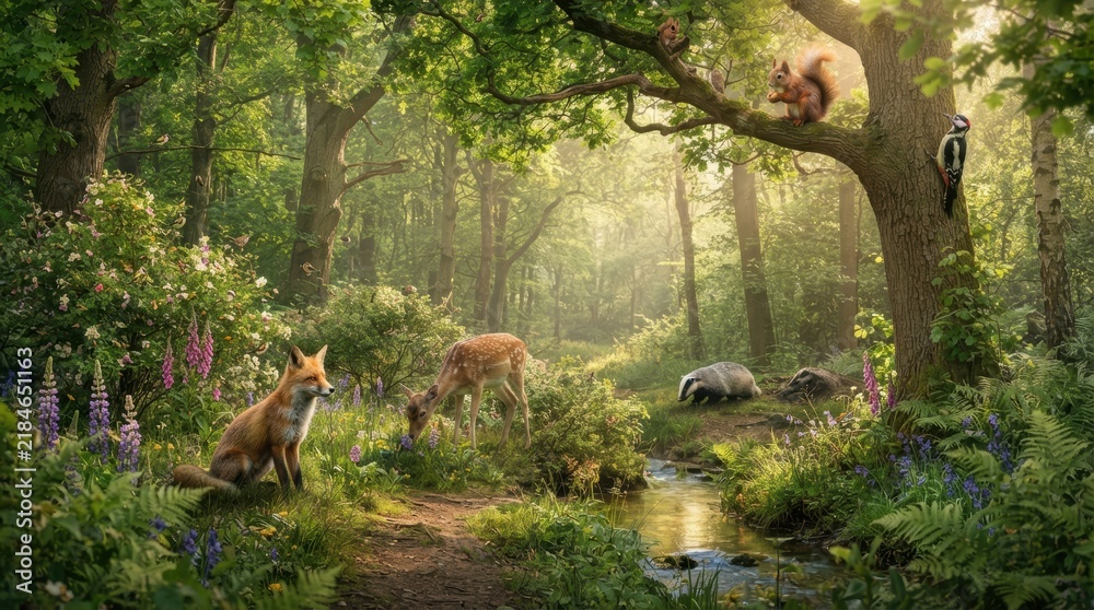 Fototapeta premium Enchanted Forest Haven: A magical woodland scene unfolds with a fox on a path, a badger by a stream, a deer browsing, a squirrel in a tree, and a woodpecker, all bathed in dappled sunlight.