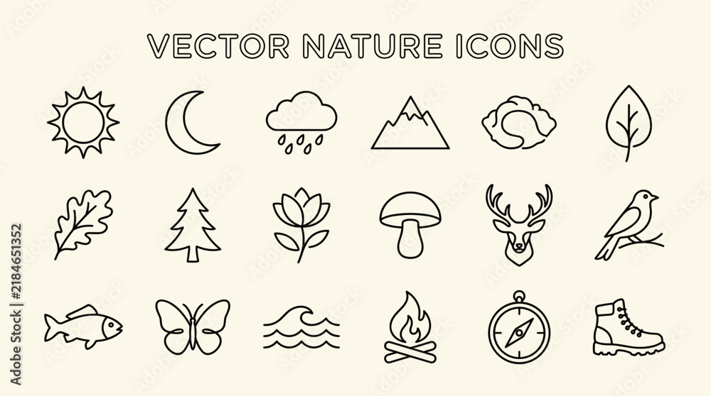 Obraz premium Vector nature icon set with wildlife weather and outdoor symbols