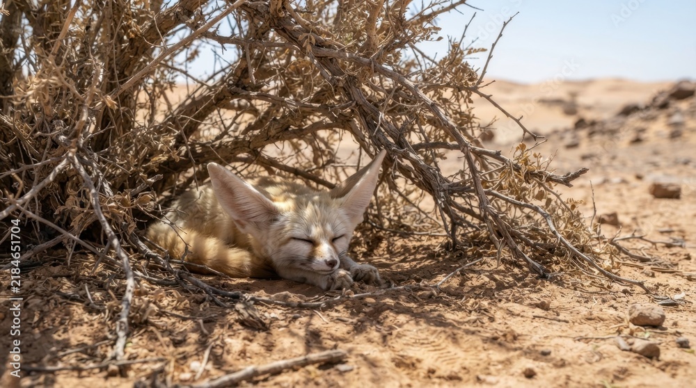 Obraz premium Desert Dweller's Slumber: A fennec fox rests peacefully beneath the shade of a desert shrub, its large ears prominent against the arid landscape of sand dunes.