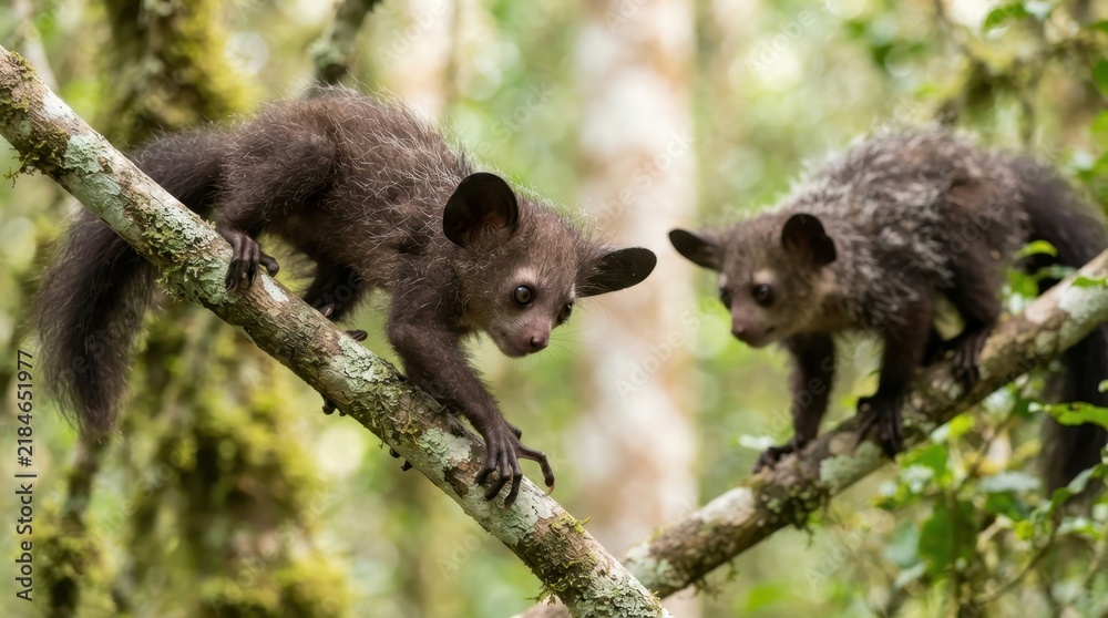 Obraz premium Two Aye-ayes on a Branch: A pair of rare aye-ayes, known for their unique appearance and nocturnal habits, perch on a moss-covered tree branch in their natural rainforest habitat.